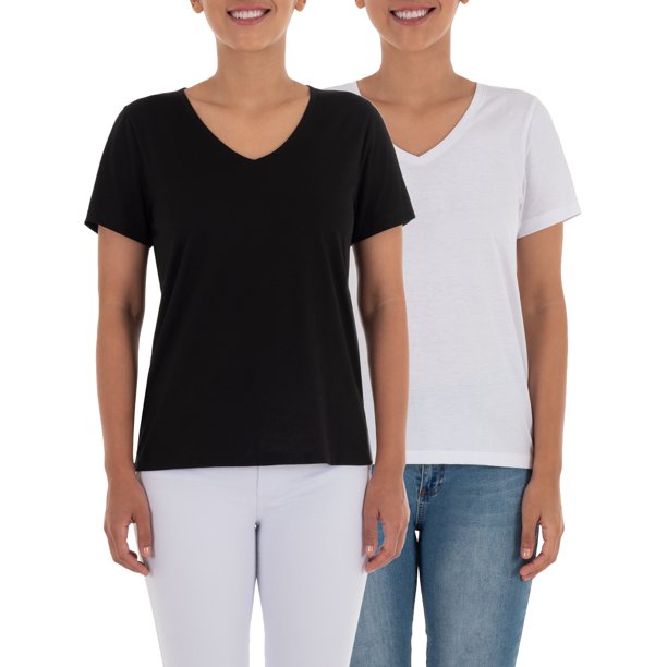Time and Tru Women's Essential V-Neck T-shirt, 2 Pack Bundle