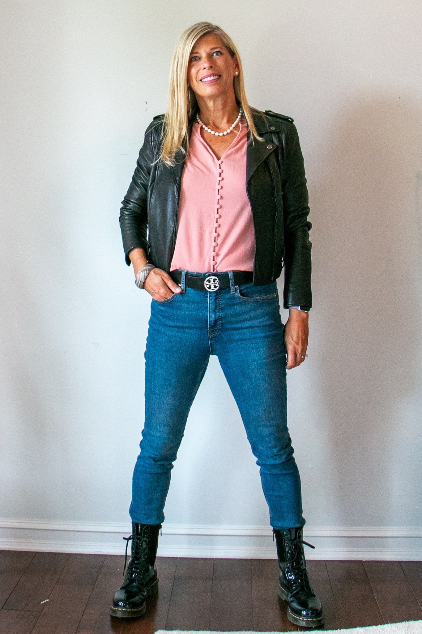 Moto Jacket outfit with Pink Blouse