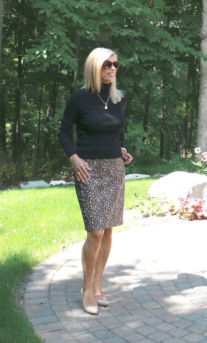 black turtleneck & leopard print skirt