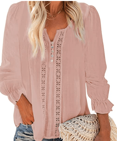 Women's Pink V Neck Long Sleeve Lace Crochet Tunic Tops Flowy Casual Blouses