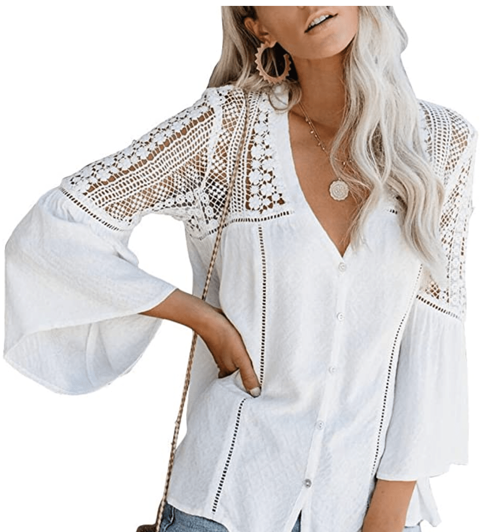 Women's White V Neck Lace Crochet blouse