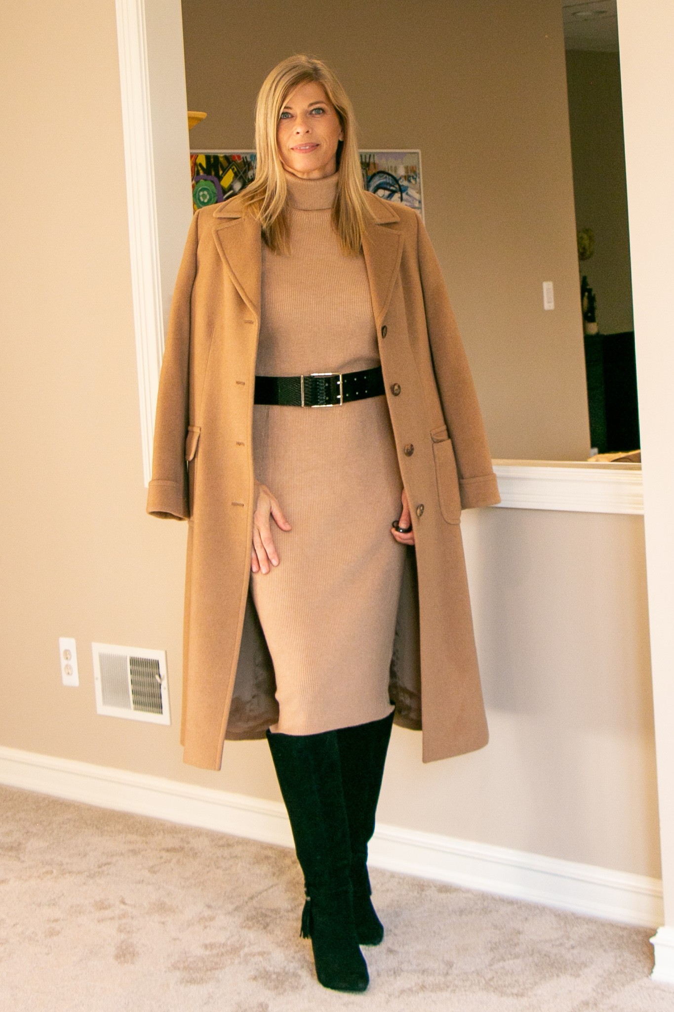 Camel knee high boots cheap outfit