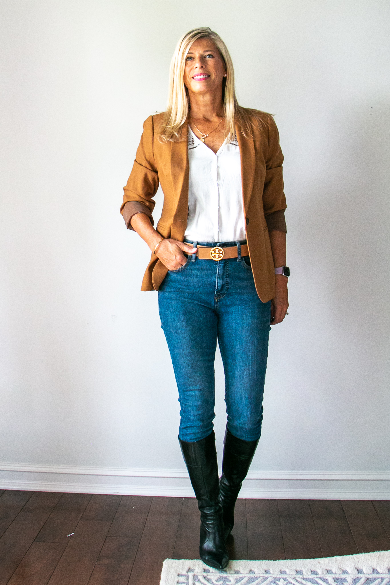 Camel Blazer with Pointed toe knee high boots