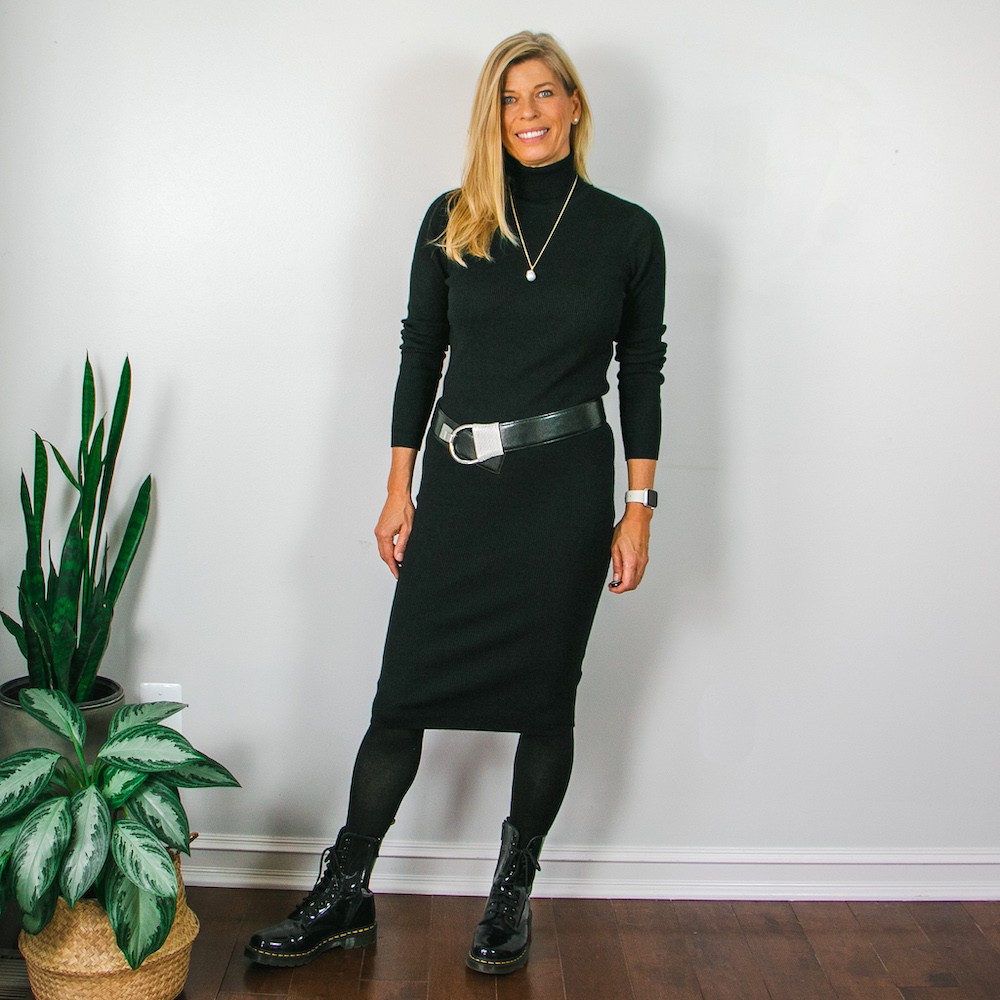 Black Turtleneck Dress and statement belt with Black Patent Leather Combat Boots