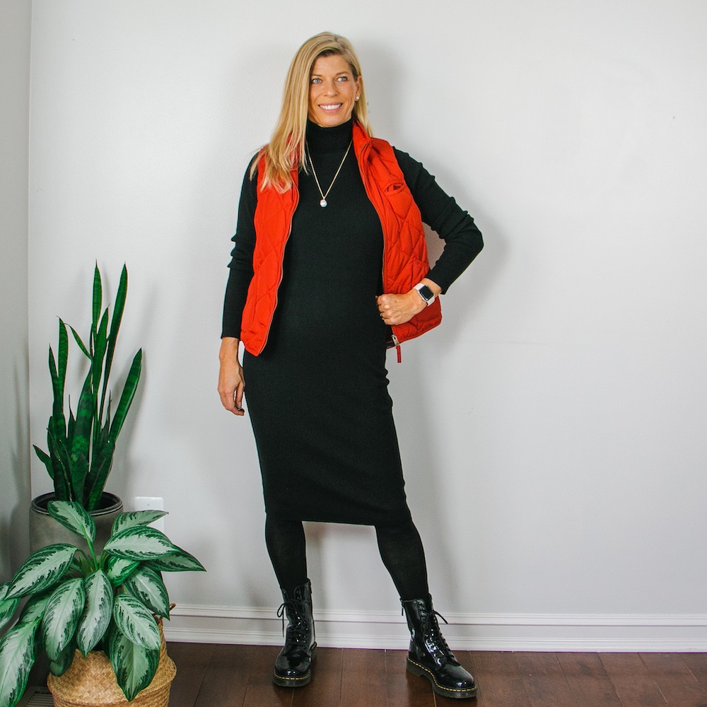 Black Turtleneck dress with Red Quilted Vest and Black Combat boots