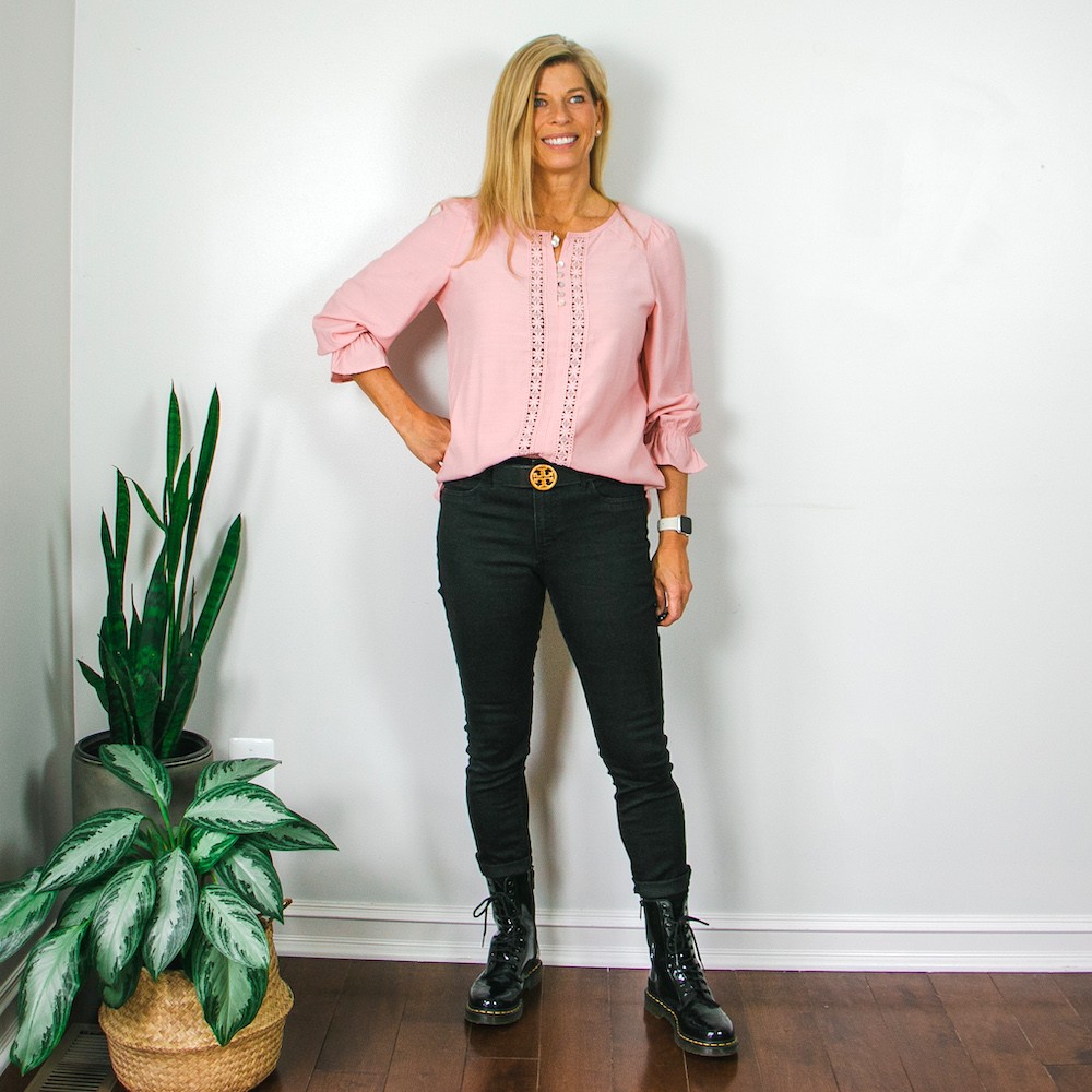 Pink Blouse with Black Patent Leather Doc Martens