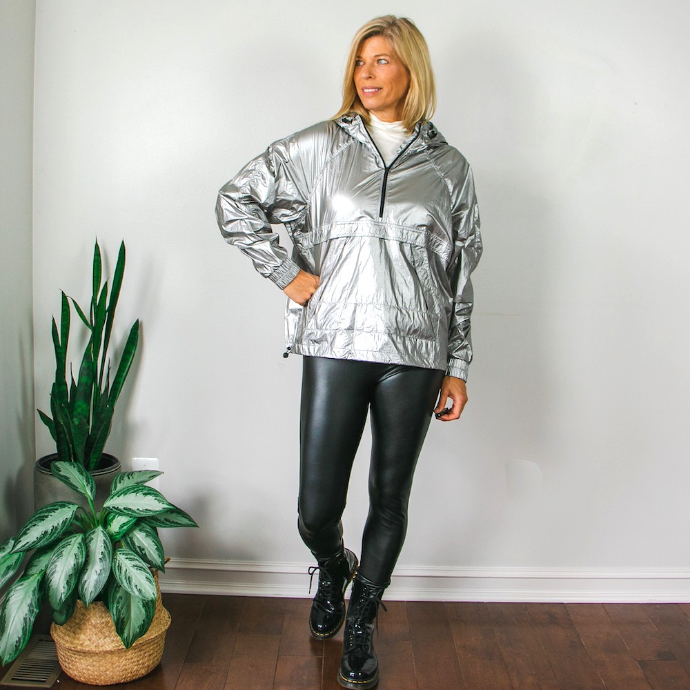 metallic hoodie with black faux leather leggings and combat boots