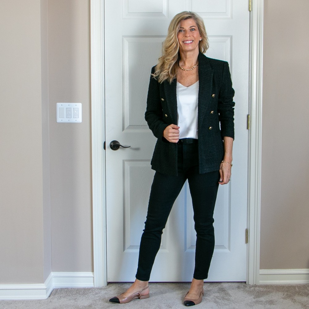 black blazer outfit ideas with black jeans white shirt