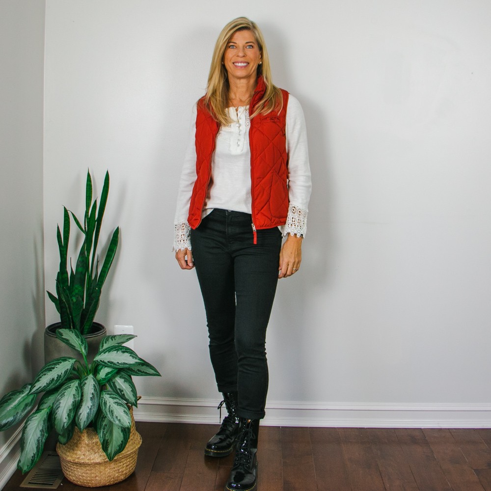 Red quilted vest, Arlene Lace Top and Black Jeans with Black Patent Leather Combat Boots