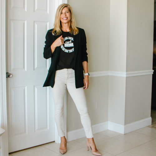 Black Graphic Tee Outfit with White Jeans & Heels