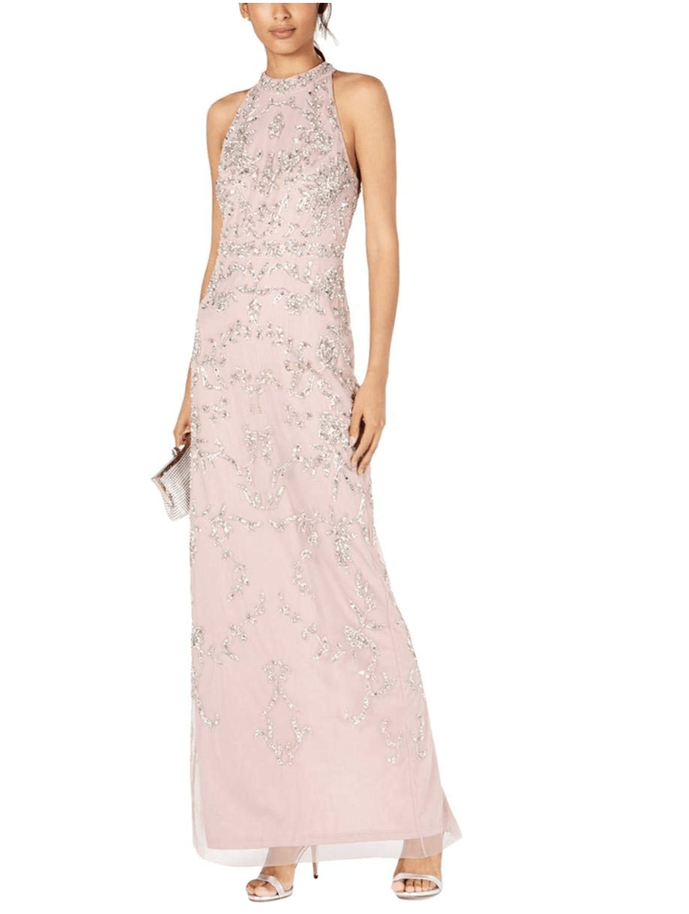 Top fashion pink halter column dress with silver sequin details