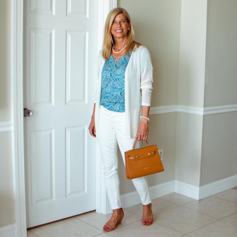 Blue Paisley Shirt with White Silk Cardigan & White Jeans