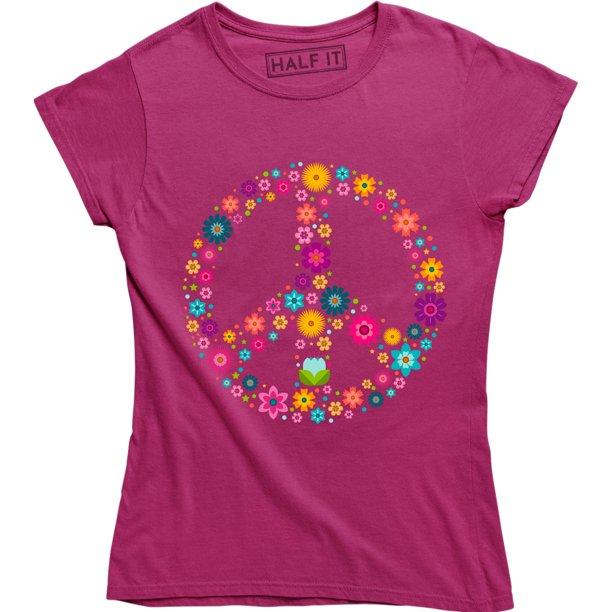 pink graphic tee with flowers & peace sign
