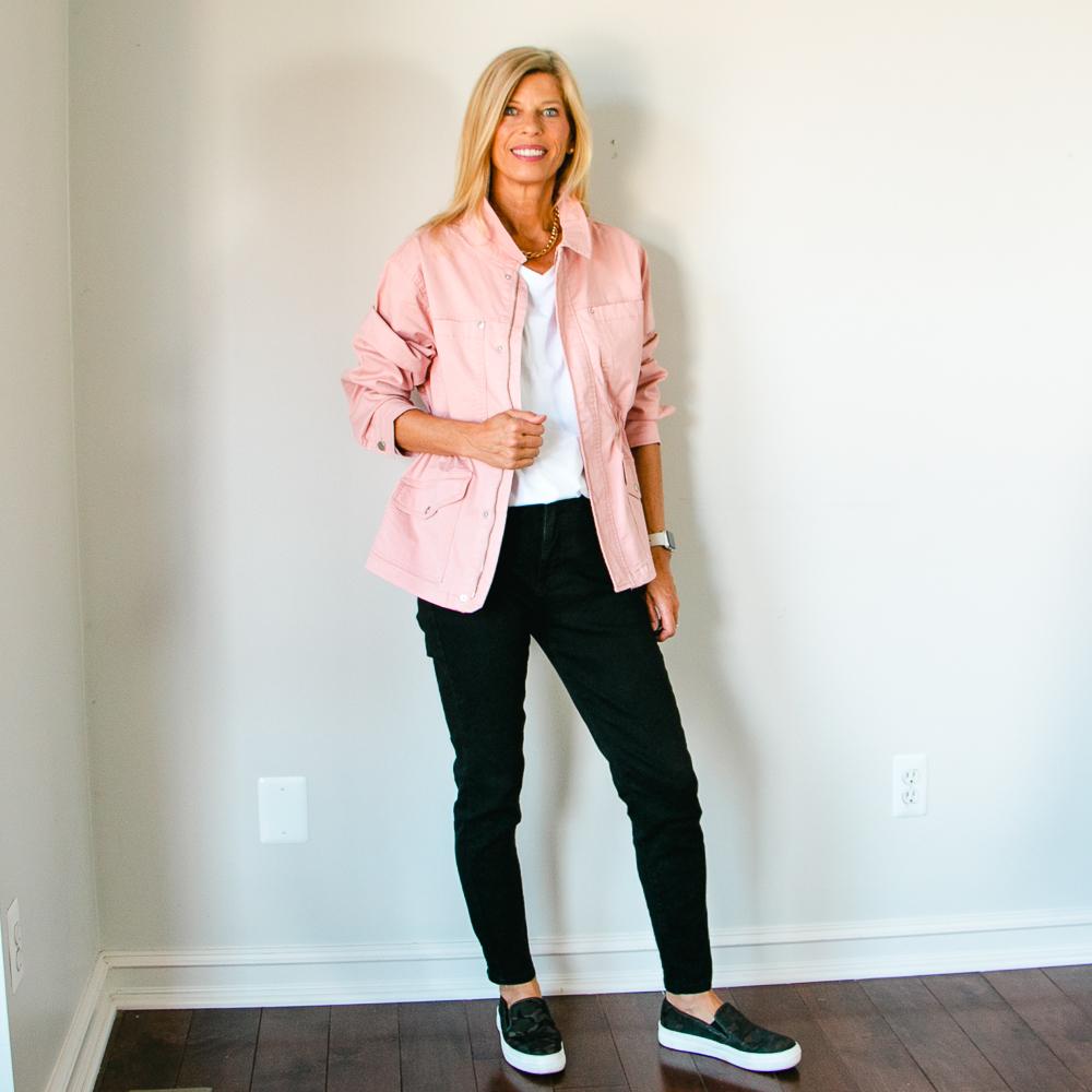 Pink Utility Jacket with White T-Shirt and Black Jeans