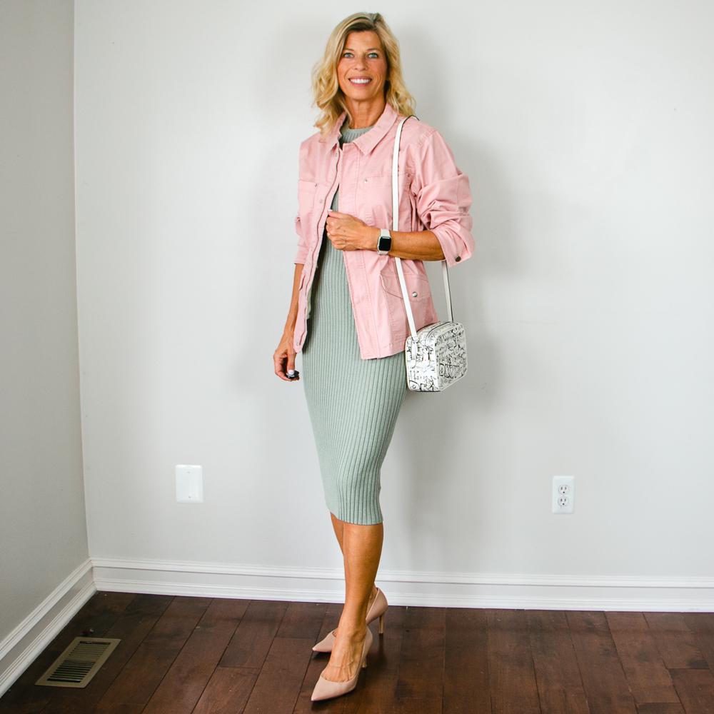 Pink Cargo Jacket with Green Sweater Dress Outfit