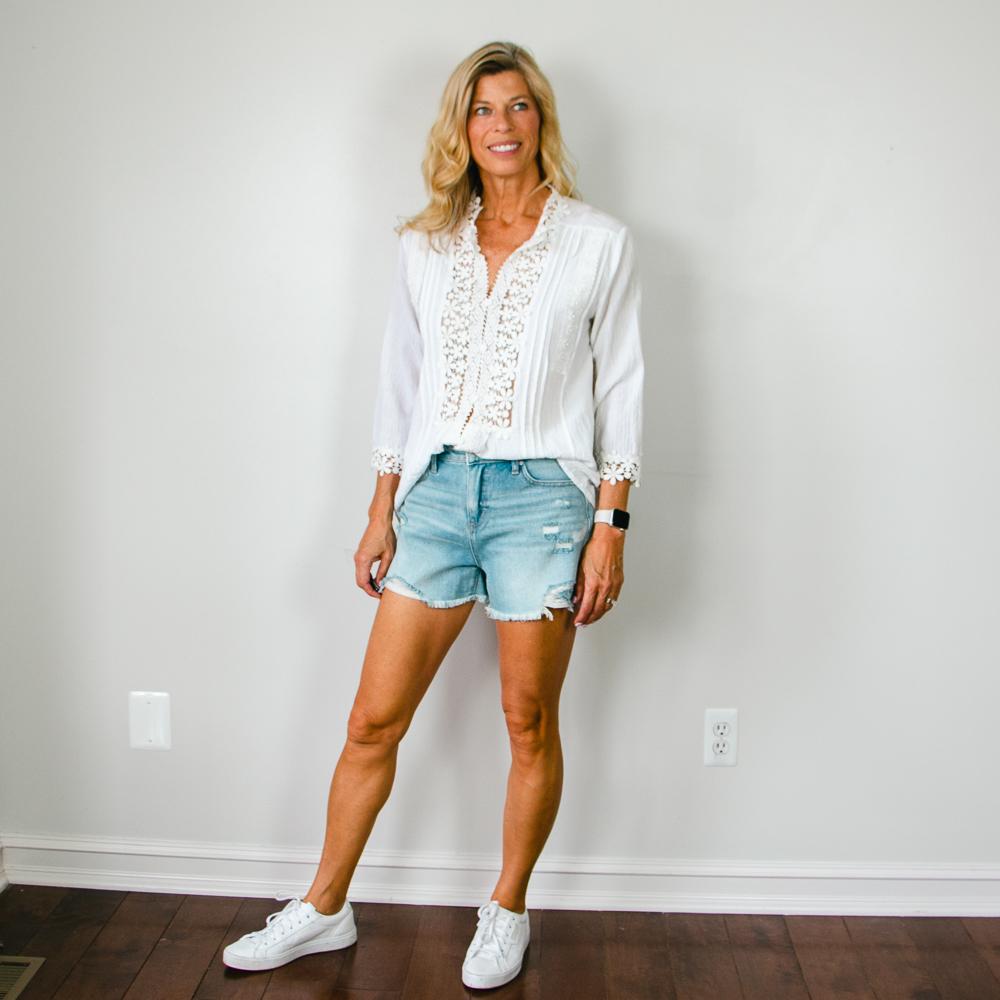 Distressed Jean Shorts with White Crochet Blouse Outfit