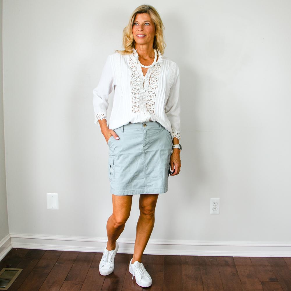 White Blouse and Grey Skort with Trainers