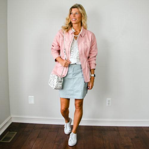 Pink Utility Jacket with Grey Skort Outfit