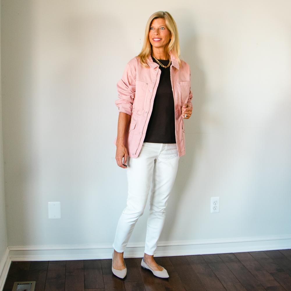 Utility Jacket with Black T-Shirt and White Jeans