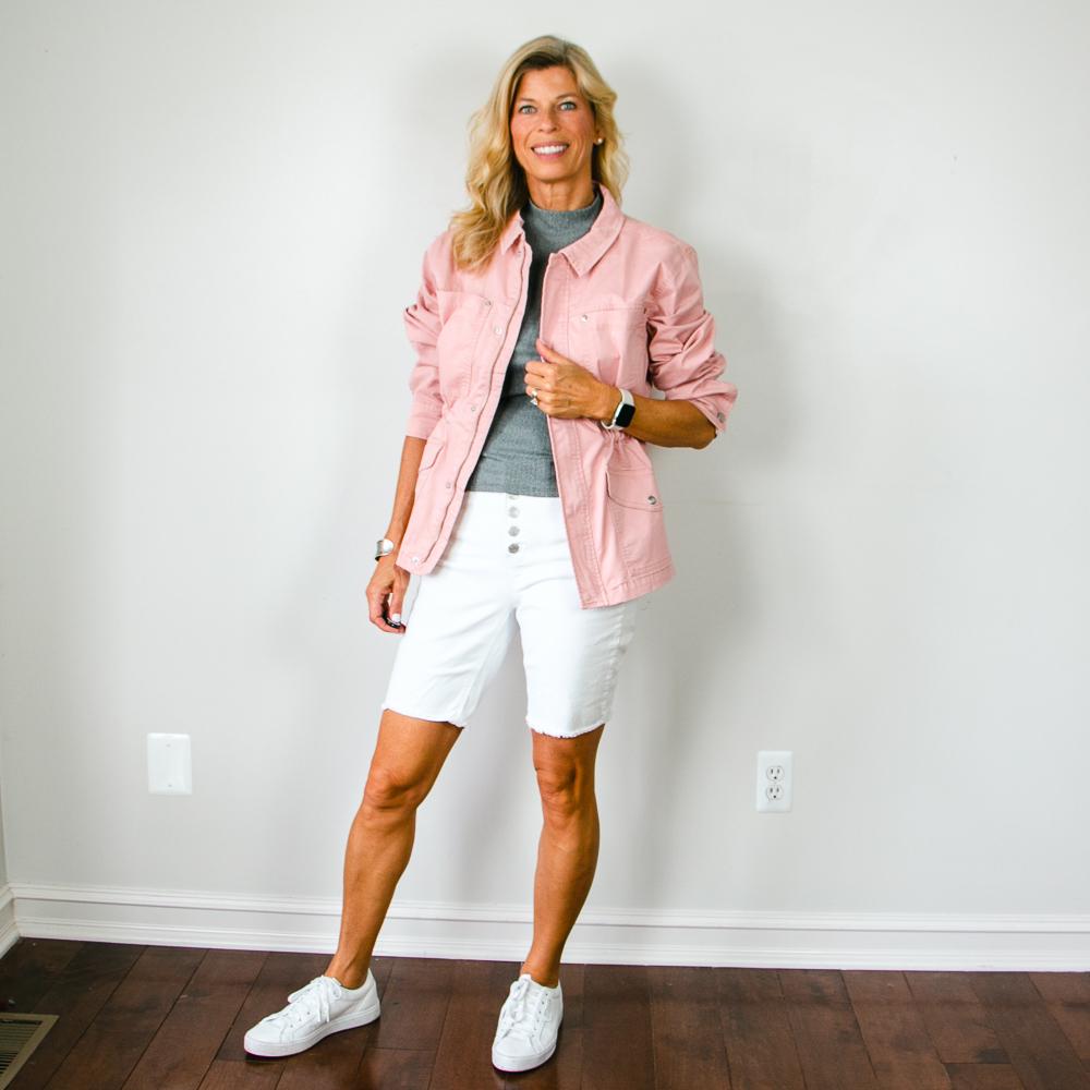 Pink Twill Jacket with white distress button fly jean shorts and Twill Jacket