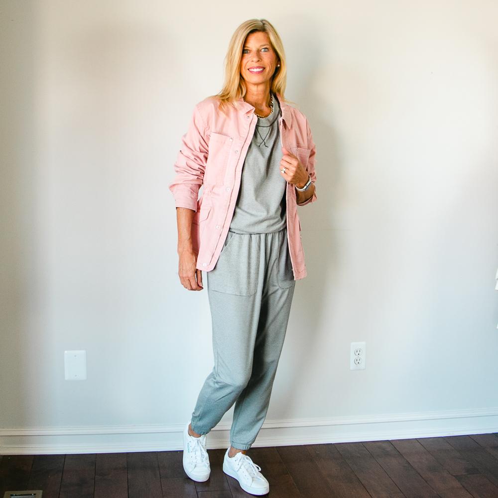 Gray Jogger Outfit with Pink Utility Jacket