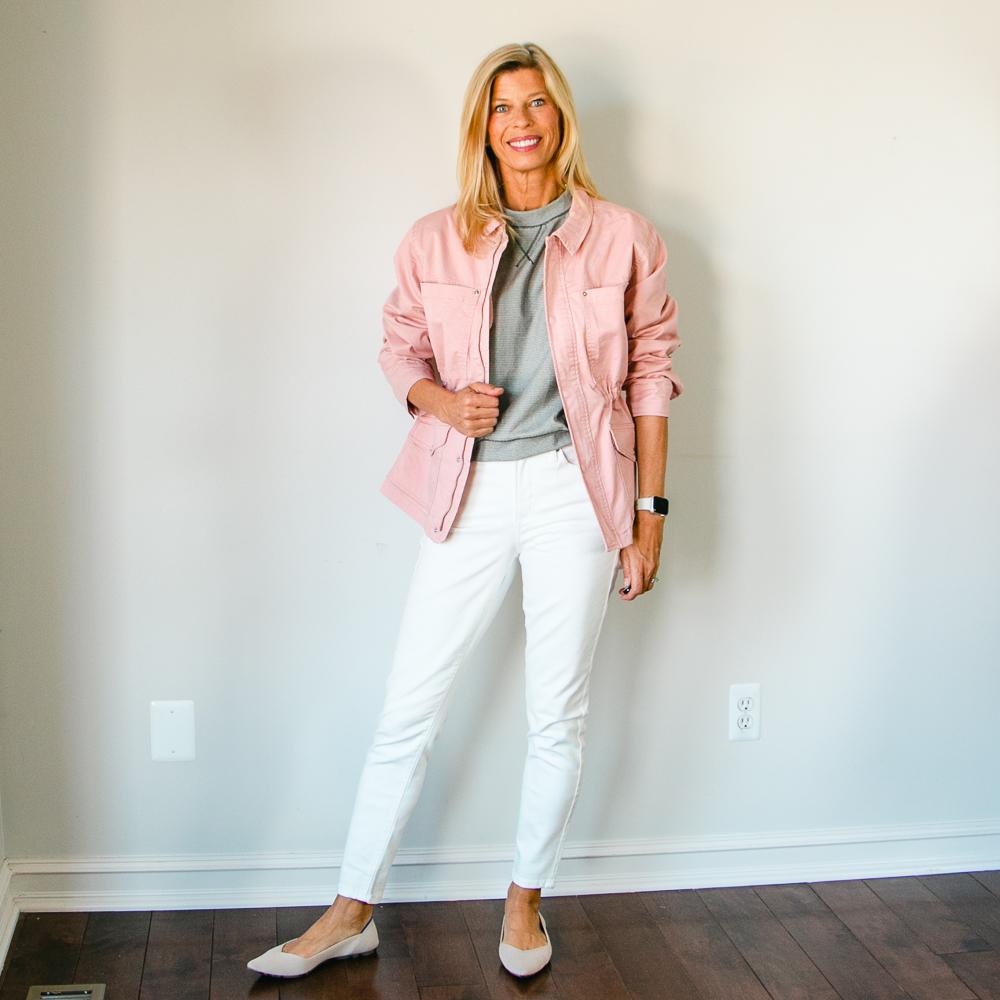 Pink Utility Jacket, Grey Sweatshirt & White Jeans Outfit