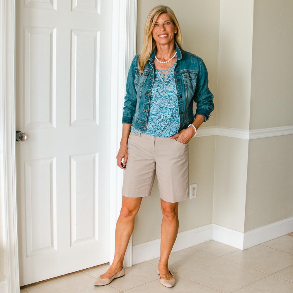 Khaki Shorts Outfit with Nude Pointed Toe Flats