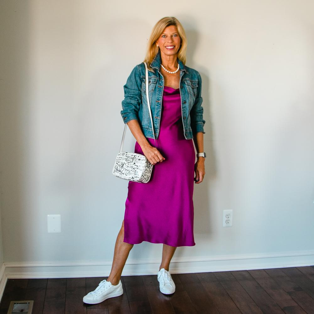 Pink Slip Dress with White Sneakers Outfit