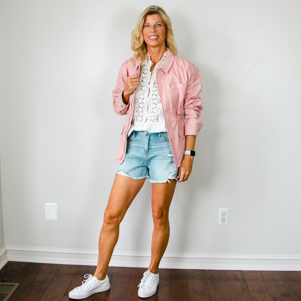 Pink Utility Jacket Outfit with Distressed Jean Shorts