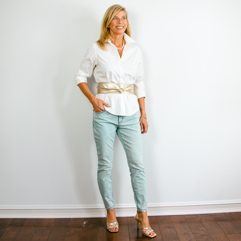 Light Blue Jeans Outfits with a White Button-Up Shirt