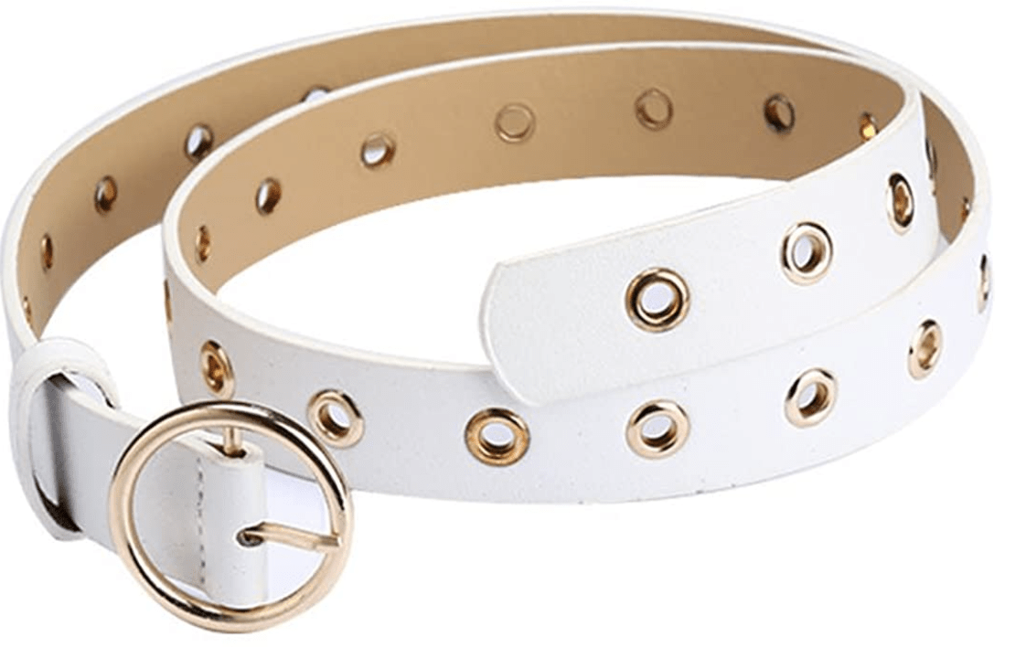 white belt with gold grommet details, perfect for styling with white jeans