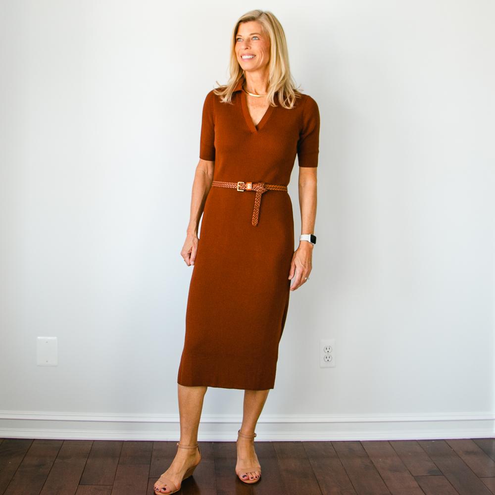 Brown Johnny-Collar Sweater Dress for Summer