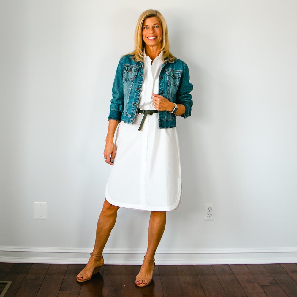 Denim Jacket with White Shirt Dress Outfit