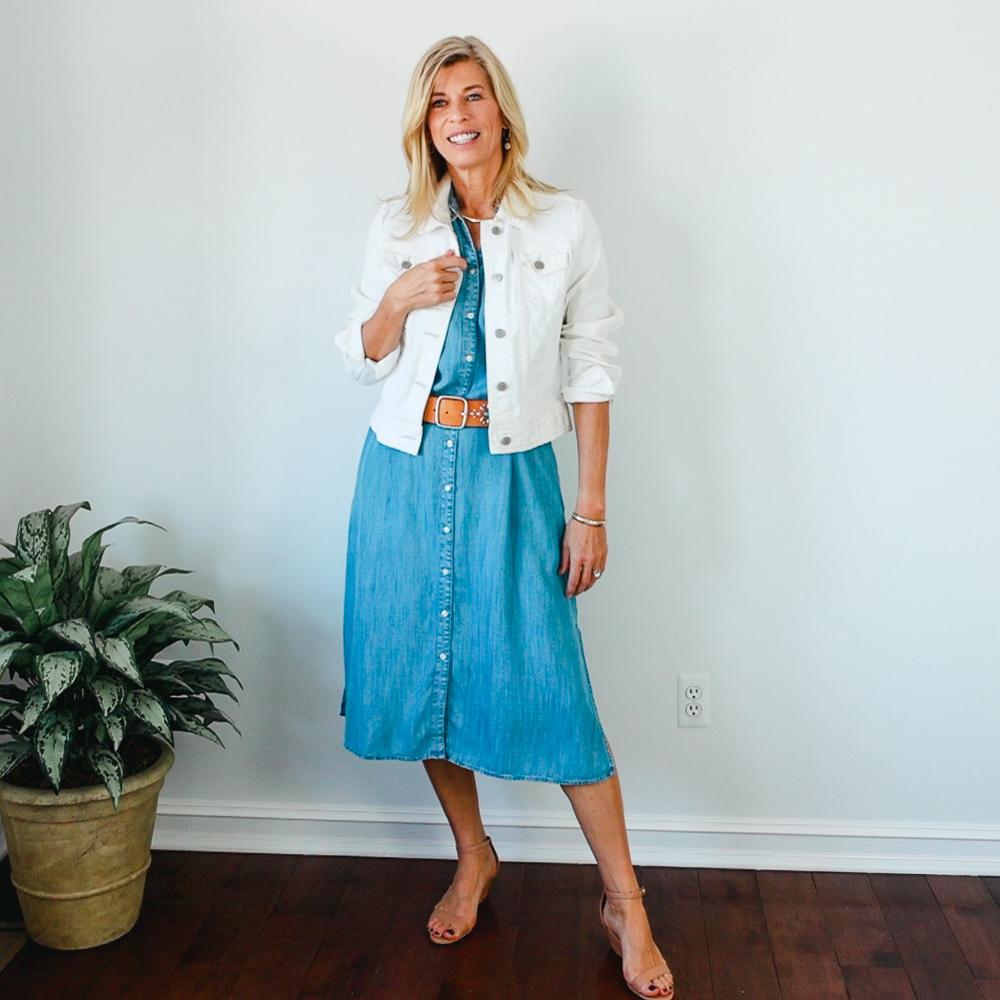 White Denim Jacket with Chambray Dress Outfit
