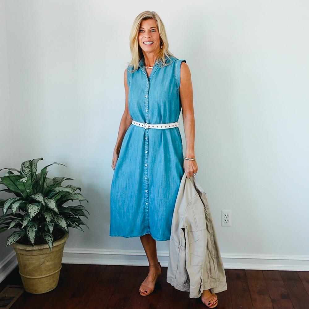 Sleeveless Chambray Shirt Dress outfit