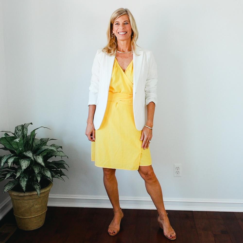 Yellow Linen Dress with White Blazer Outfit