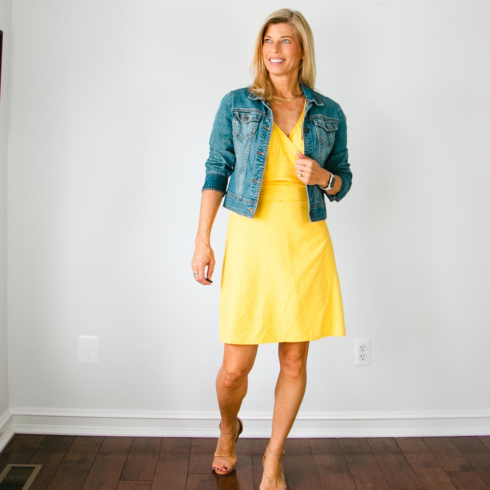 Yellow Linen Wrap Dress with Blue Denim Jacket Outfit