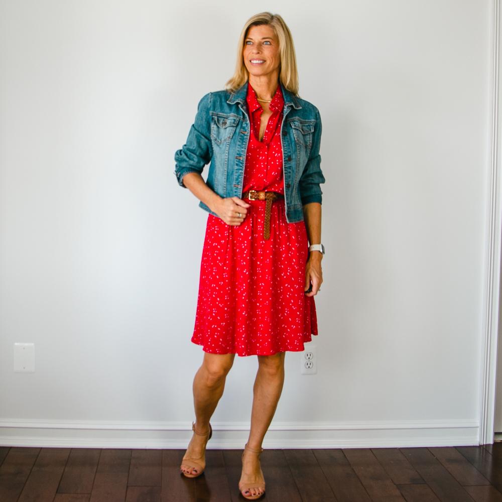 Red Shirtdress with Denim Jacket Outfit