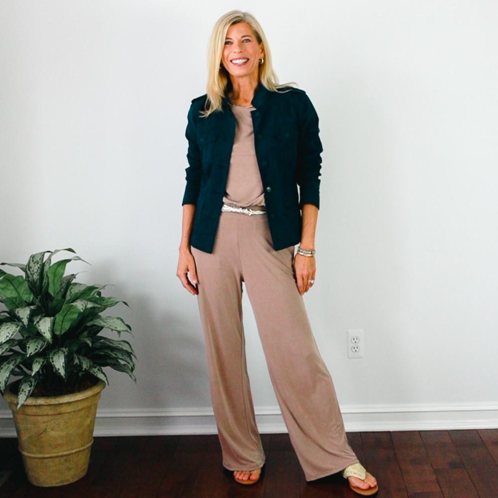 Navy cargo jacket with wide leg pants outfit