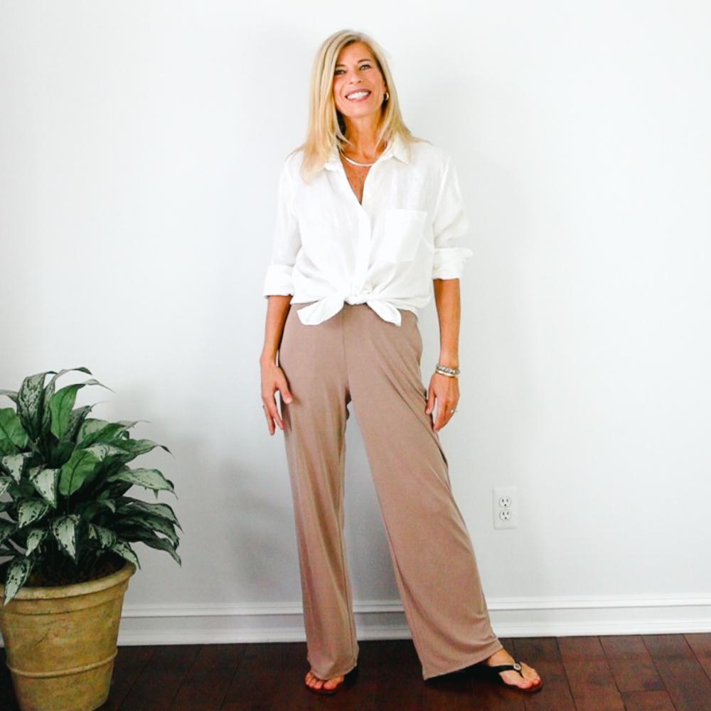 white linen shirt outfits with wide leg pants