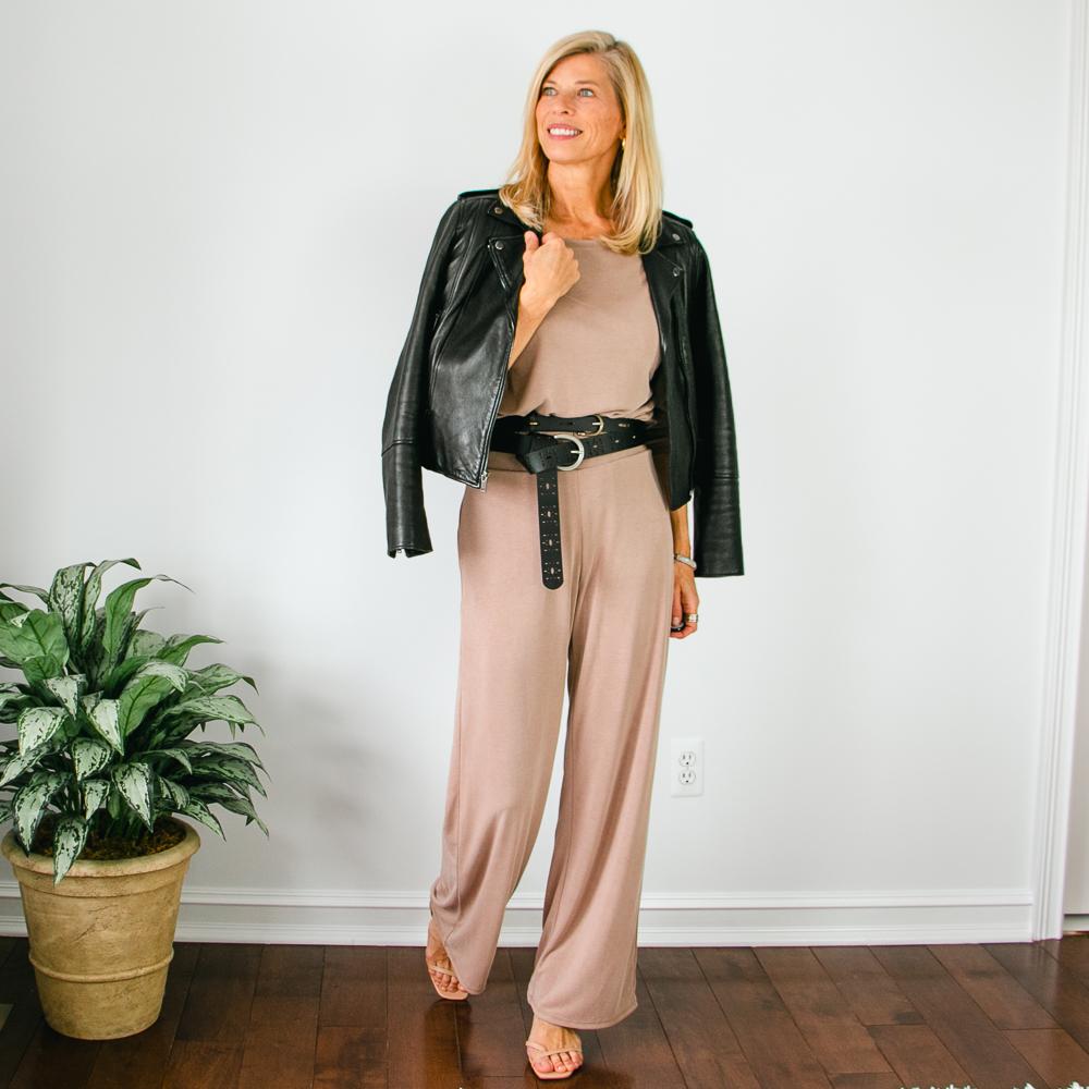 Wide Leg Pants outfit with moto jacket