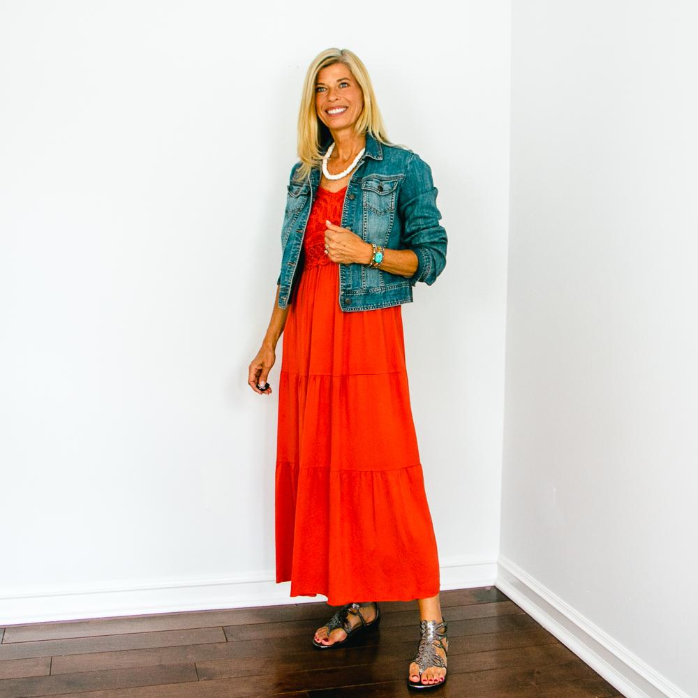 terracotta sundress with blue denim jacket outfit