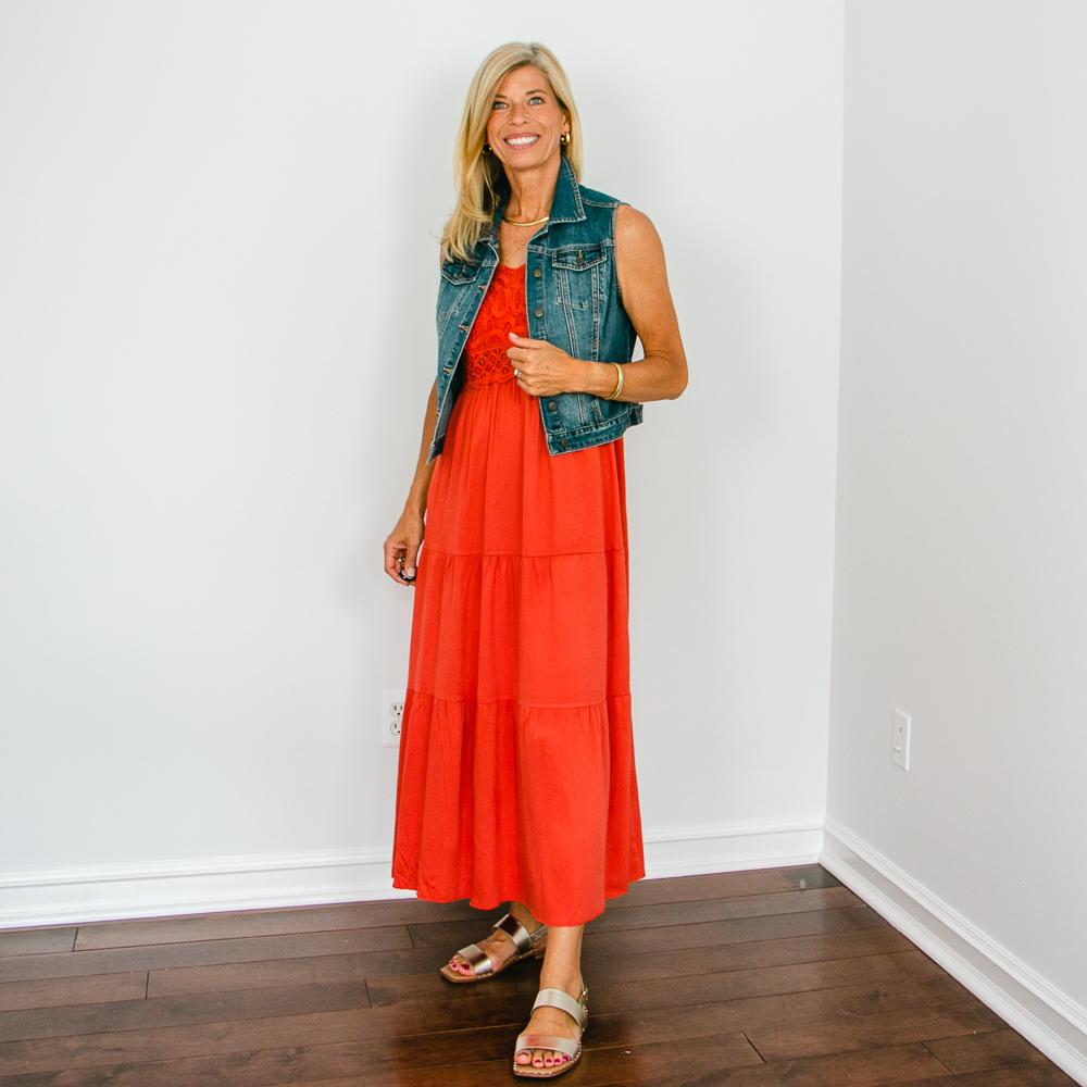 blue denim vest and terracotta sundress for summer
