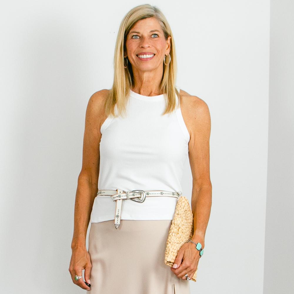 White High Neck Tank Top with Beige Midi Skirt & Turquoise Belt
