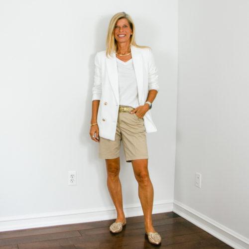 Khaki Bermuda Shorts with a White Blazer