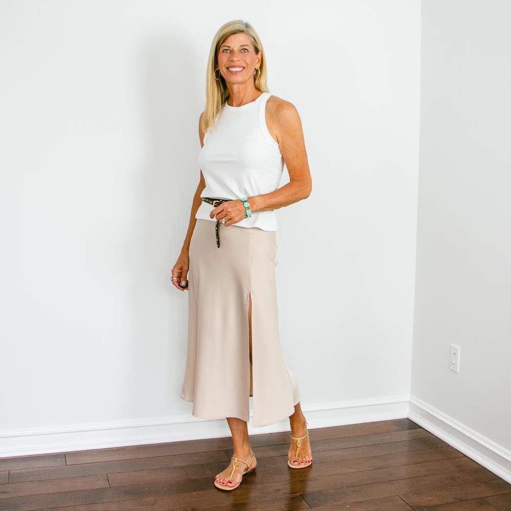 beige midi skirt with slit, white tank top & brown double wrap belt outfit