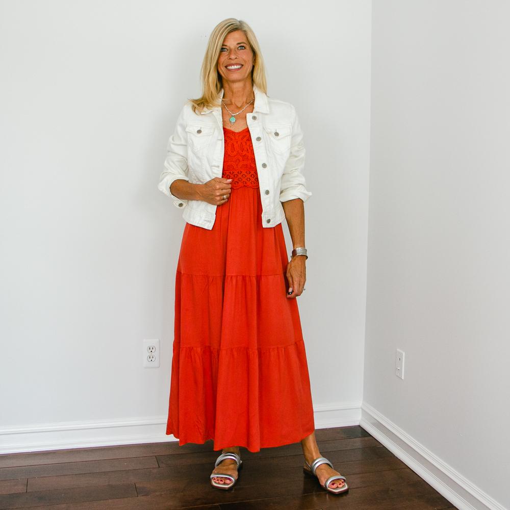 Terracotta sundress with white denim jacket outfit