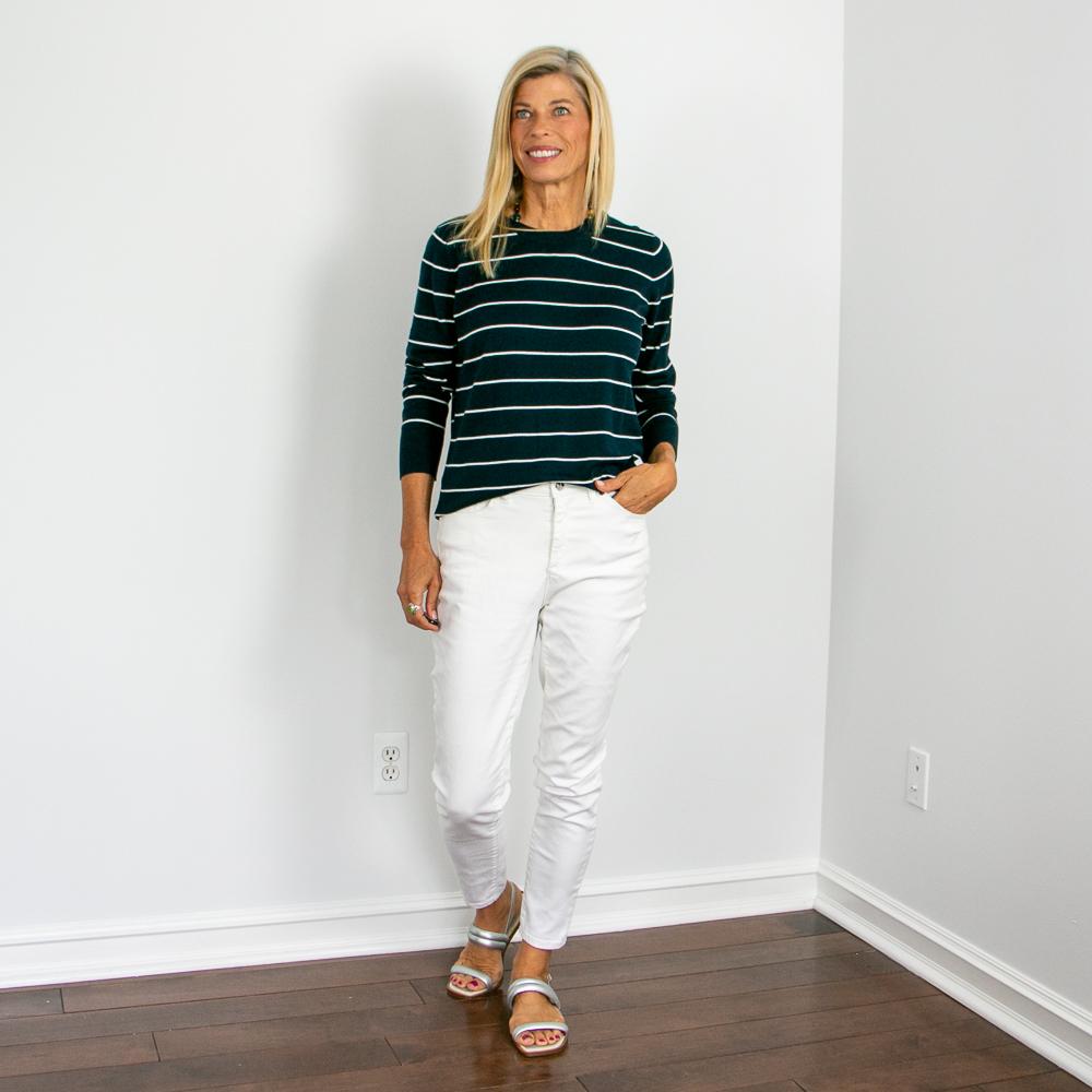 Navy Sweater with Narrow White Stripes & White Jeans