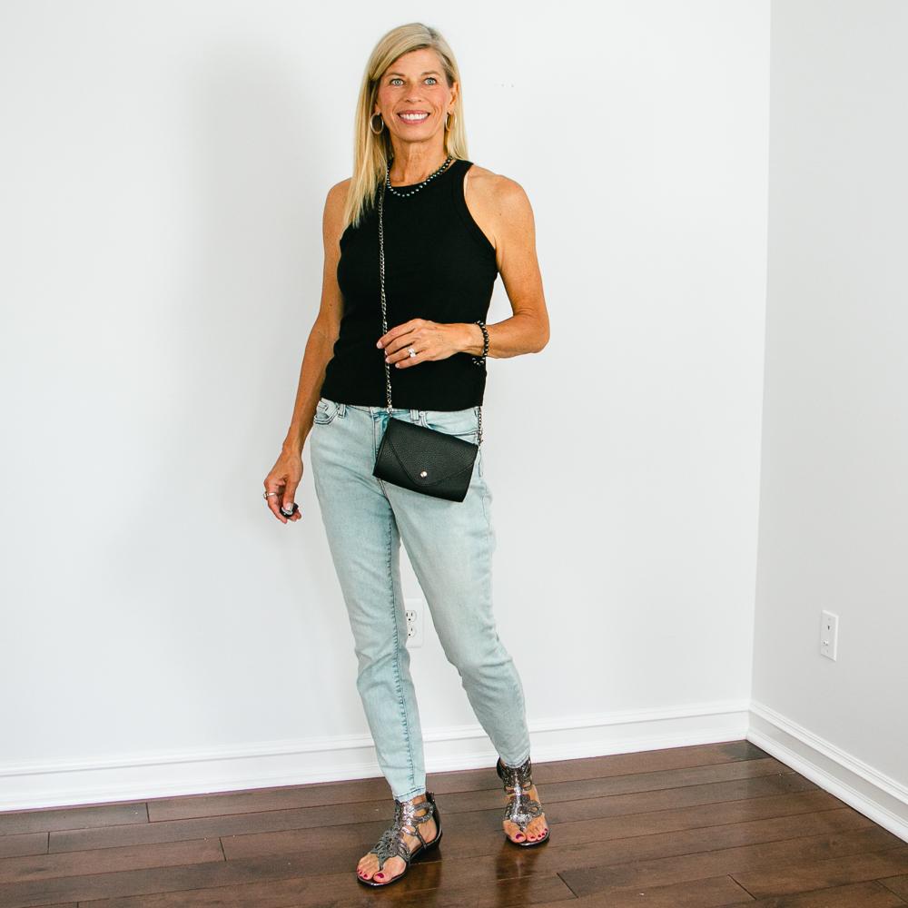 Black Tank Top & Light Wash Jeans Outfit with Boho Sandals