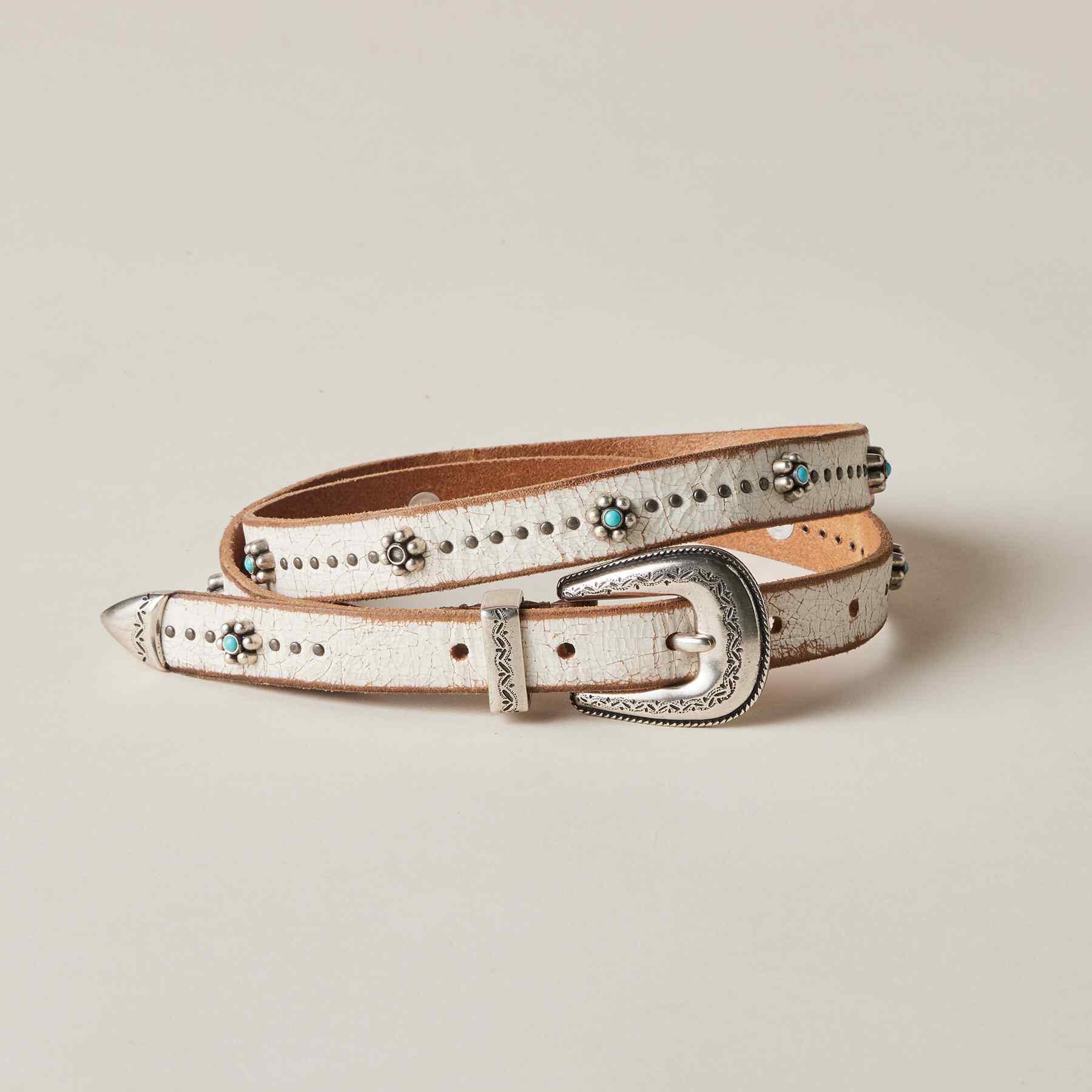 skinny white leather belt with turquoise details
